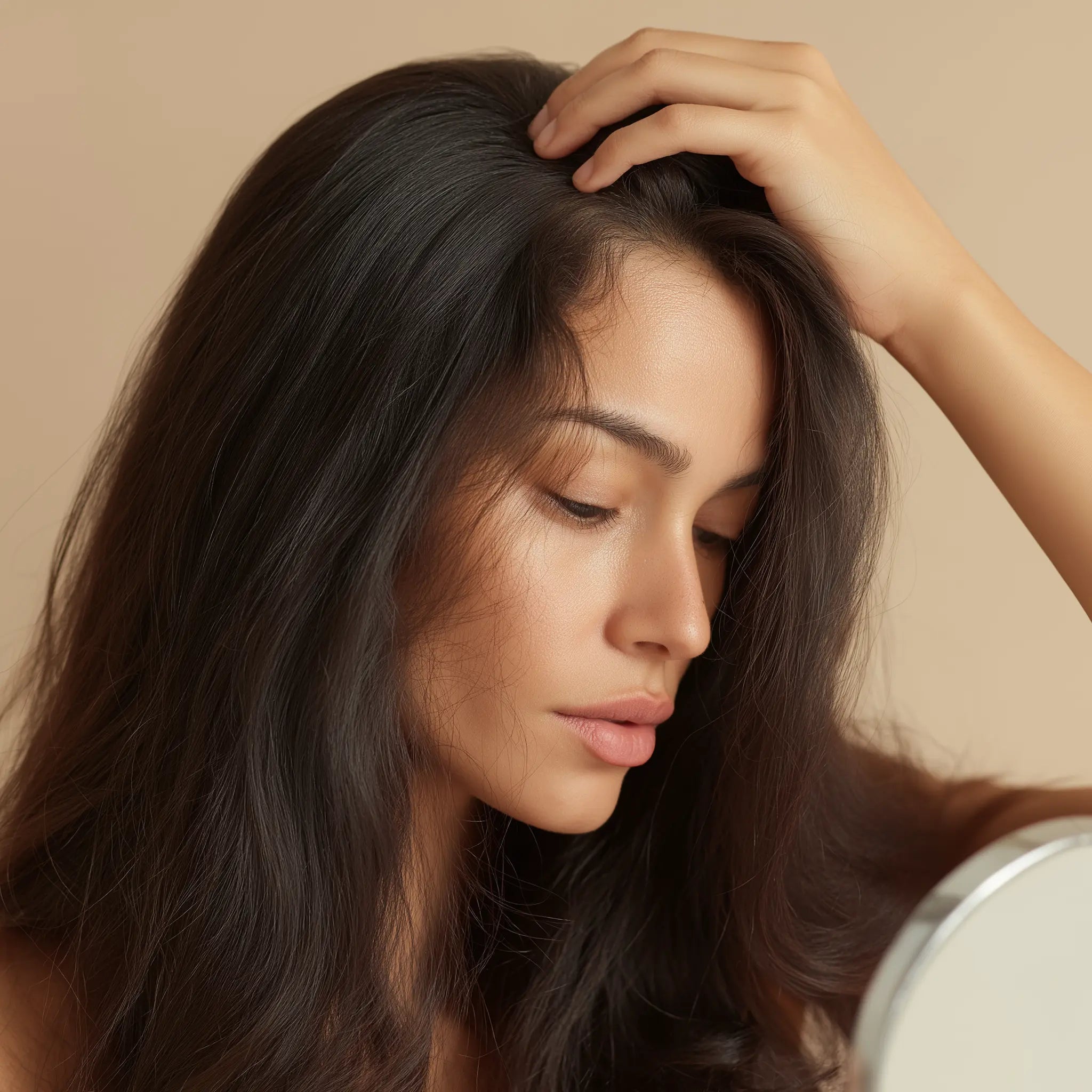 Frau hat juckende, gereizte Kopfhaut