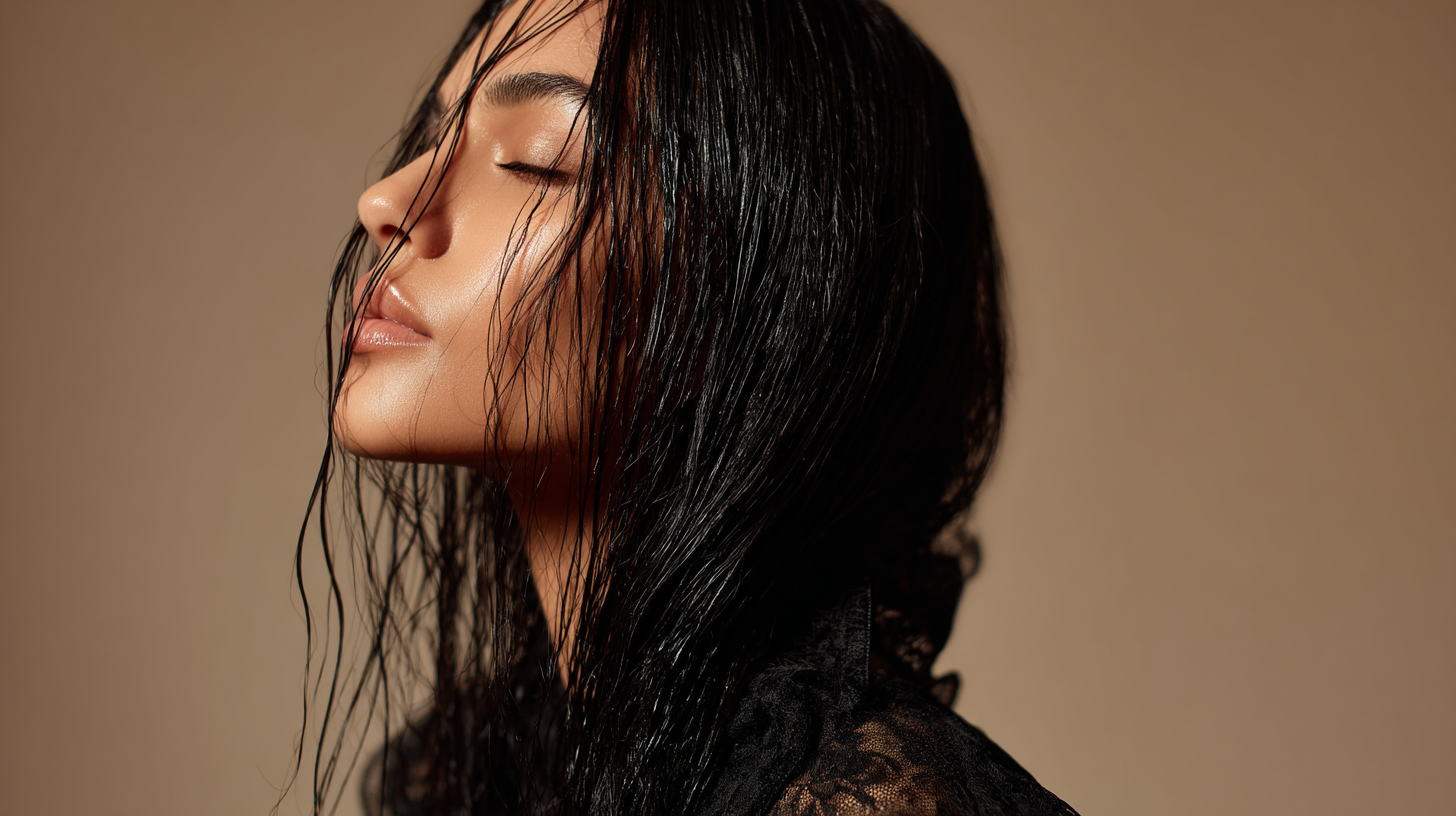 Eine Frau, die ein Shampoo gegen trockene Kopfhaut mit Exosomen benutzt hat.