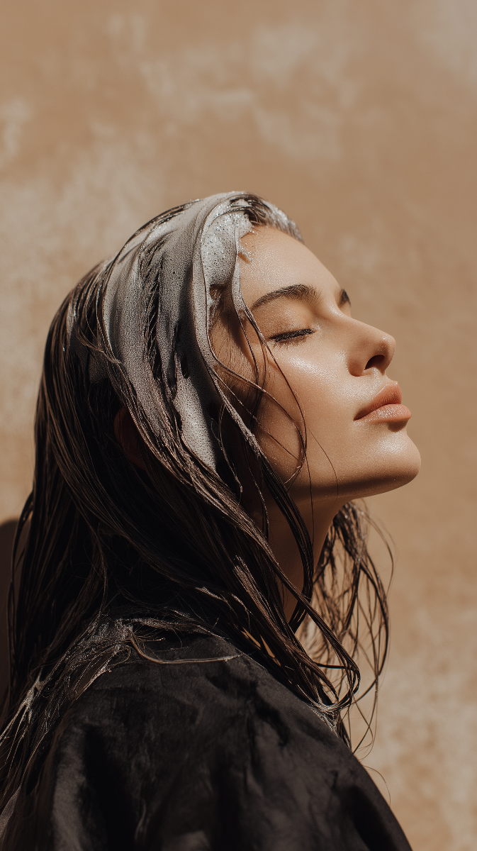 Eine Frau hat Shampook auf dem Kopf das  Ihre brennende und juckende Kopfhaut beruhigt.