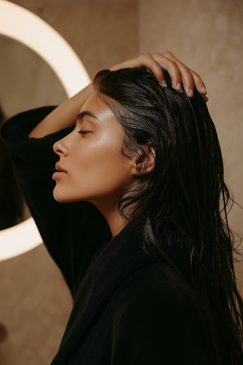 Eine Frau nach dem Haare waschen. Die Kopfhaut ist spürbar beruhigt.