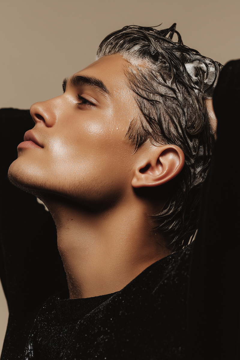 Ein Mann wäscht sich die Haare mit ExoVial Shampoo von CIya.